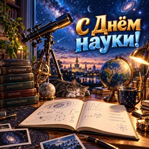 Открытка «С Днём науки!» с телескопом и формулами