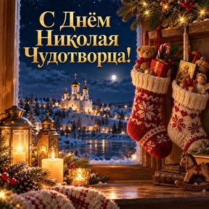 Открытка «С Днём Николая Чудотворца!» с детскими носками и подарками у окна