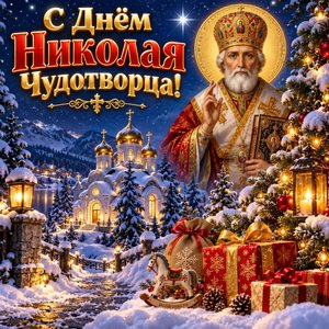 Открытка «С Днём Николая Чудотворца!» с храмом и подарками