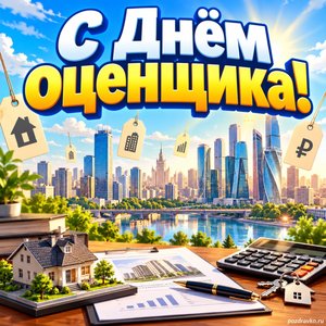 Открытка «С Днём оценщика!» с городом и ценниками
