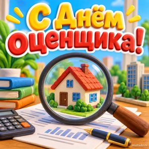 Открытка «С Днём оценщика!» с лупой и домиком