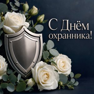 Открытка с Днём охранника с щитом и белыми розами