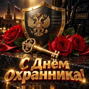 Открытка «С Днём охранника!» со щитом и ключом