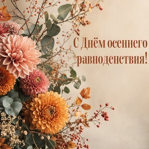 Открытка с Днём осеннего равноденствия с букетом хризантем