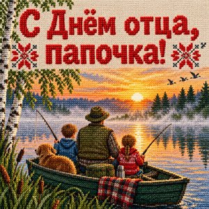 Открытка «С Днём отца, папочка!» с рыбалкой на рассвете