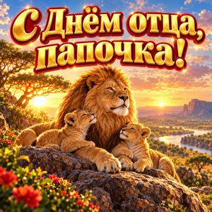 Открытка «С Днём отца, папочка!» со львом и львятами