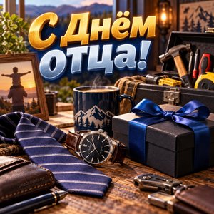 Открытка «С Днём отца!» с часами и подарком