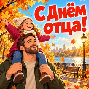 Открытка «С Днём отца!» с дочкой на плечах в парке