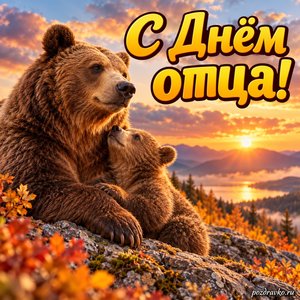Открытка «С Днём отца!» с медведем и медвежонком на фоне мягких осенних облаков