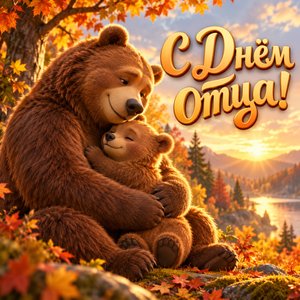 Открытка «С Днём отца!» с мишкой-папой и медвежонком