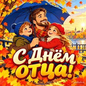 Открытка «С Днём отца!» с папой и детьми под зонтом при золотом солнечном свете
