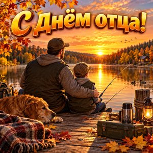 Открытка «С Днём отца!» с рыбалкой на озере