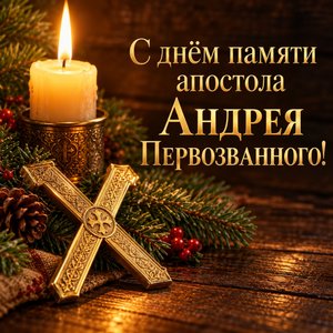 Открытка «С днём памяти апостола Андрея Первозванного!» со свечой и Андреевским крестом