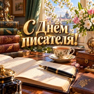 Открытка «С Днём писателя!» с рукописью и пером