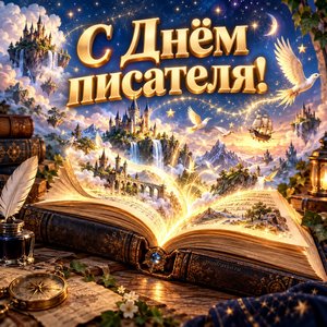 Открытка «С Днём писателя!» с волшебной книгой