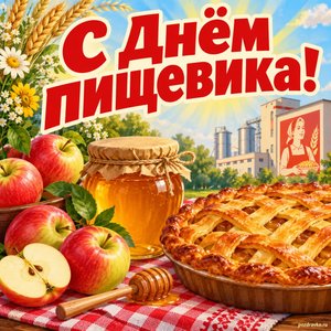 Открытка «С Днём пищевика!» с мёдом и пирогом