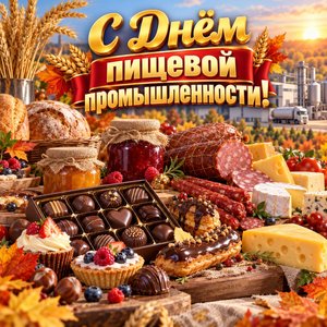 Открытка «С Днём пищевой промышленности!» с угощениями и колосьями
