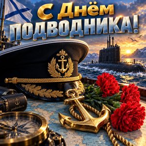 Открытка «С Днём подводника!» с фуражкой и якорем