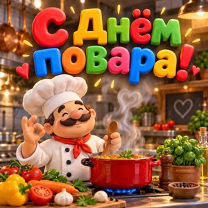 Открытка «С Днём повара!» с колпаком и кастрюлей