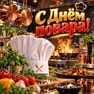 Открытка «С Днём повара!» с колпаком и сковородами