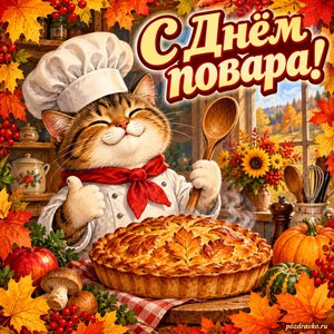 Открытка «С Днём повара!» с котом-поваром и пирогом в рамке из кленовых листьев