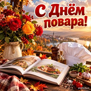Открытка «С Днём повара!» с кулинарной книгой и розами на фоне мягких осенних облаков