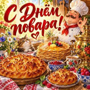 Открытка «С Днём повара!» с пирогами и блинами