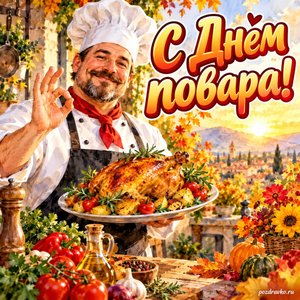 Открытка «С Днём повара!» с поваром и праздничным блюдом при золотом солнечном свете