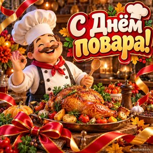 Открытка «С Днём повара!» с поваром и праздничным блюдом с нарядными праздничными лентами