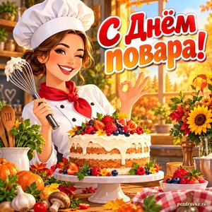 Открытка «С Днём повара!» с тортом и венчиком при золотом солнечном свете