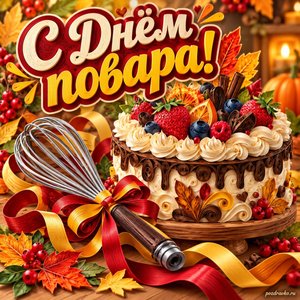 Открытка «С Днём повара!» с тортом и венчиком с нарядными праздничными лентами