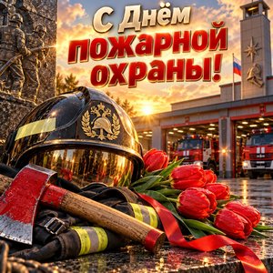 Открытка «С Днём пожарной охраны!» с каской и тюльпанами