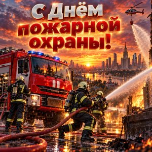 Открытка «С Днём пожарной охраны!» с пожарной машиной