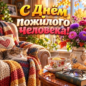 Открытка «С Днём пожилого человека!» с креслом, пледом и чаем