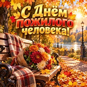Открытка «С Днём пожилого человека!» с осенней аллеей и хризантемами