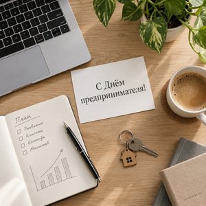 Открытка «С Днём предпринимателя!» с бизнес-планом и кофе