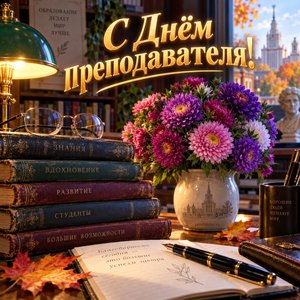 Открытка «С Днём преподавателя!» с книгами и астрами