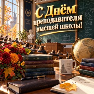 Открытка «С Днём преподавателя высшей школы!» с аудиторией и книгами