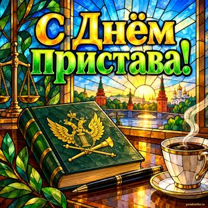 Открытка «С Днём пристава!» с кодексом и кофе
