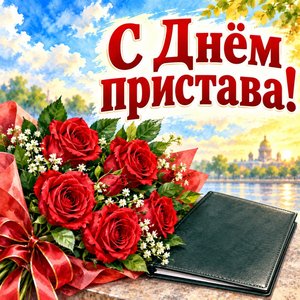 Открытка «С Днём пристава!» с розами и папкой