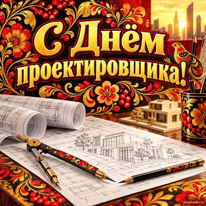 Открытка «С Днём проектировщика!» с чертежами
