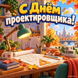 Открытка «С Днём проектировщика!» с чертёжным столом