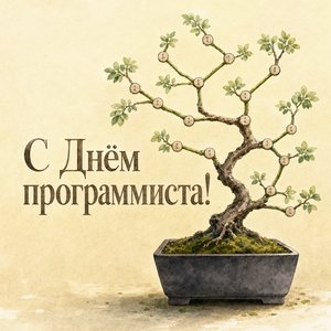 Открытка с Днём программиста с бонсай из веток кода
