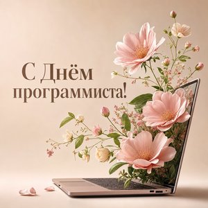 Открытка с Днём программиста с цветами из ноутбука
