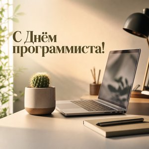 Открытка с Днём программиста с кактусом и ноутбуком