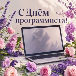Открытка с Днём программиста с ноутбуком и цветами