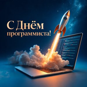 Открытка с Днём программиста с ракетой из ноутбука