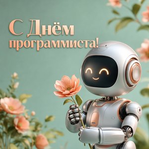 Открытка с Днём программиста с роботом и цветком