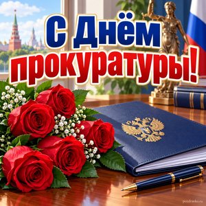 Открытка «С Днём прокуратуры!» с розами и папкой