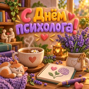 Открытка «С Днём психолога!» с чаем и лавандой